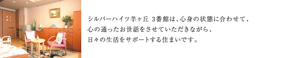 シルバーハイツ羊ヶ丘3番館は、心身の状態に合わせて、心の通ったお世話をさせていただきながら、日々の生活をサポートする住まいです。